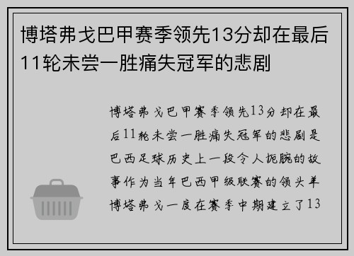 博塔弗戈巴甲赛季领先13分却在最后11轮未尝一胜痛失冠军的悲剧 博塔弗戈巴甲赛季领先13分却在最后11轮未尝一胜痛失冠军的悲剧